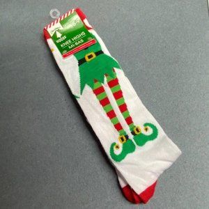 Ladies Socks Knee Highs Elf Christmas Red Green Dots White